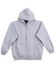 A grey full-zip fleecy hoodie with a hood and front pockets, featuring a logo on the chest.