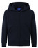 A navy blue full-zip fleecy hoodie with a front pocket and a hood, featuring a logo.
