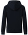 A full-zip fleecy hoodie in navy blue with a hood, featuring raglan sleeves and a fitted hem.