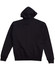A black full-zip fleecy hoodie featuring a hood and ribbed cuffs. Includes a logo on the back.