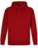 A red fleecy hoodie featuring a kangaroo pocket and a drawstring hood, with a logo present.