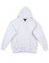 A white men's fleecy hoodie with a front pocket and a hood, featuring a logo.