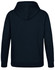 A navy blue men's fleecy hoodie featuring a full hood and long sleeves, with a logo on the back.