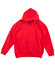 A red kids' fleece hoodie featuring a front pocket and a hood, with a logo on one side.