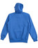 A blue ladies' fleecy hoodie featuring a kangaroo pocket and a hood, with a branding logo present.