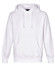 A white adult's close front contrast fleecy hoodie featuring a front pocket and adjustable drawstring hood.