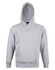 A grey fleece hoodie with a close front, featuring a hood and front pockets. It has a logo on the design.
