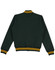 A dark green varsity jacket with yellow and white striped cuffs and collar, featuring a logo.