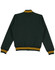 A green varsity jacket featuring yellow striped cuffs and collar, with a logo on the front.