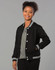 A black kid's fleece varsity jacket with white stripes on the cuffs and collar, featuring a central button closure and a logo.