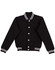 A black kids' fleece varsity jacket with white striped ribbing and a branded logo. Features front pockets and snap buttons.