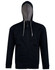 A black full zip fleece hoodie with a contrasting inner hood and pockets, featuring a logo.