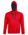 A red full zip contrast fleece hoodie with a hood and pocket details, featuring a logo.