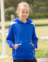 A girl wearing a blue hoodie with white contrast features a kangaroo pocket and drawstrings.