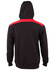 A black hooded jumper featuring a red contrast stripe across the shoulders and a kangaroo pocket. It has a logo on it.