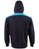 A black hoodie with a blue contrast panel across the shoulders and a hood. It features a logo on the back.