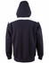 A navy hoodie featuring a contrasting white panel across the shoulders, with a hood and kangaroo pocket.