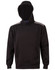 A black hoodie featuring a kangaroo pocket and contrast detailing, complete with a hood and a logo.