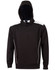 A black hoodie featuring white contrast details and a kangaroo pocket. It has a hood and includes a logo.