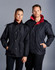 A black varsity jacket with a red collar, displayed on two models, featuring a logo on the chest.