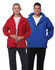 A red and a blue outdoor activity spray jacket, featuring zip fronts and hoods, displayed on male and female models.