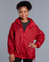 A red kids' outdoor activity spray jacket with a zipped front and elasticised cuffs, featuring a logo.