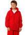 A bright red kids' outdoor activity spray jacket with a zip front and adjustable cuffs, featuring a logo.