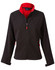 A ladies' softshell jacket in black with red contrast detailing and a zip front. It features side pockets and a collar.