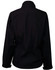 A black softshell jacket featuring a collar and a simple back design. It has a logo on the fabric.