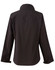 A black softshell jacket with a high collar and long sleeves, featuring a branding logo on the back.
