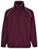 A maroon track jacket featuring white piping and a high collar, with a zip front and relaxed fit.