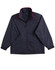 A dark navy track jacket with red accents and a zip closure. It has a high collar and elastic cuffs.