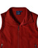 A red softshell vest with a high collar and a logo on the inside label. Features zippered pockets.