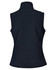 A black women's softshell vest with a high collar and no sleeves at the back. It features a logo.