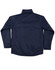 A navy blue men's chalet jacket with a simple design and a logo on the back.