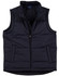 A black nylon rip-stop padded vest featuring a zip-up front and pockets, with a logo on the inner label.