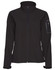 A black ladies' softshell jacket with a high collar and zippered pockets. It features a logo on the sleeve.