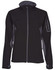 A black and grey softshell jacket with a zippered front, featuring a logo on the sleeve and a high collar.