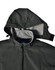 A men's softshell full zip hoodie in grey, featuring a hood and a logo on the inner collar.