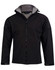 A black kids' softshell full zip hoodie with a grey interior and a zippered front. It features a stand-up collar and a logo.