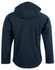 A navy blue kids' softshell full zip hoodie with a hood and a logo on the back.