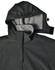 A dark grey ladies' softshell full zip hoodie with a removable hood and an inner lining. Features a logo.