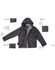 A black versatile vest displayed with a hood, adjustable cuffs, and concealed features. It includes a branding logo.