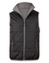 A black and grey insulated vest featuring a zip front and two side pockets, with a logo on the front.