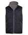 A black and grey men's vest with a zip front and two side pockets, featuring a high collar and a logo.