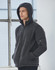 A men's heather bonded fleece jacket in dark grey, featuring a hood and zippered pockets, with a logo on the sleeve.