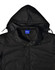 A black Long Line Stadium Jacket featuring a hood, with a collar and a branded label in the neck area.