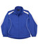 A blue warm-up jacket with white side panels and a logo, featuring a zip front and side pockets.