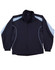 A black and light blue kids' warm-up jacket with a zip front and elastic cuffs. It has a logo on one side.