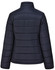 A navy blue ladies' sustainable insulated puffer jacket with a 3D cut and a logo on the back.